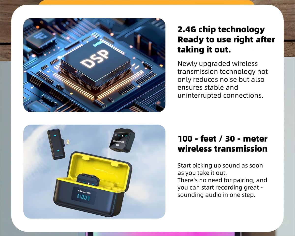 Wireless Lavalier Microphone with 2 Microphone Heads for iPhone 15-16 Android Phone, 100ft Range Noise Canceling Lav Mic Clip On Microphones for iPad Video Recording Vlogging - Image 8