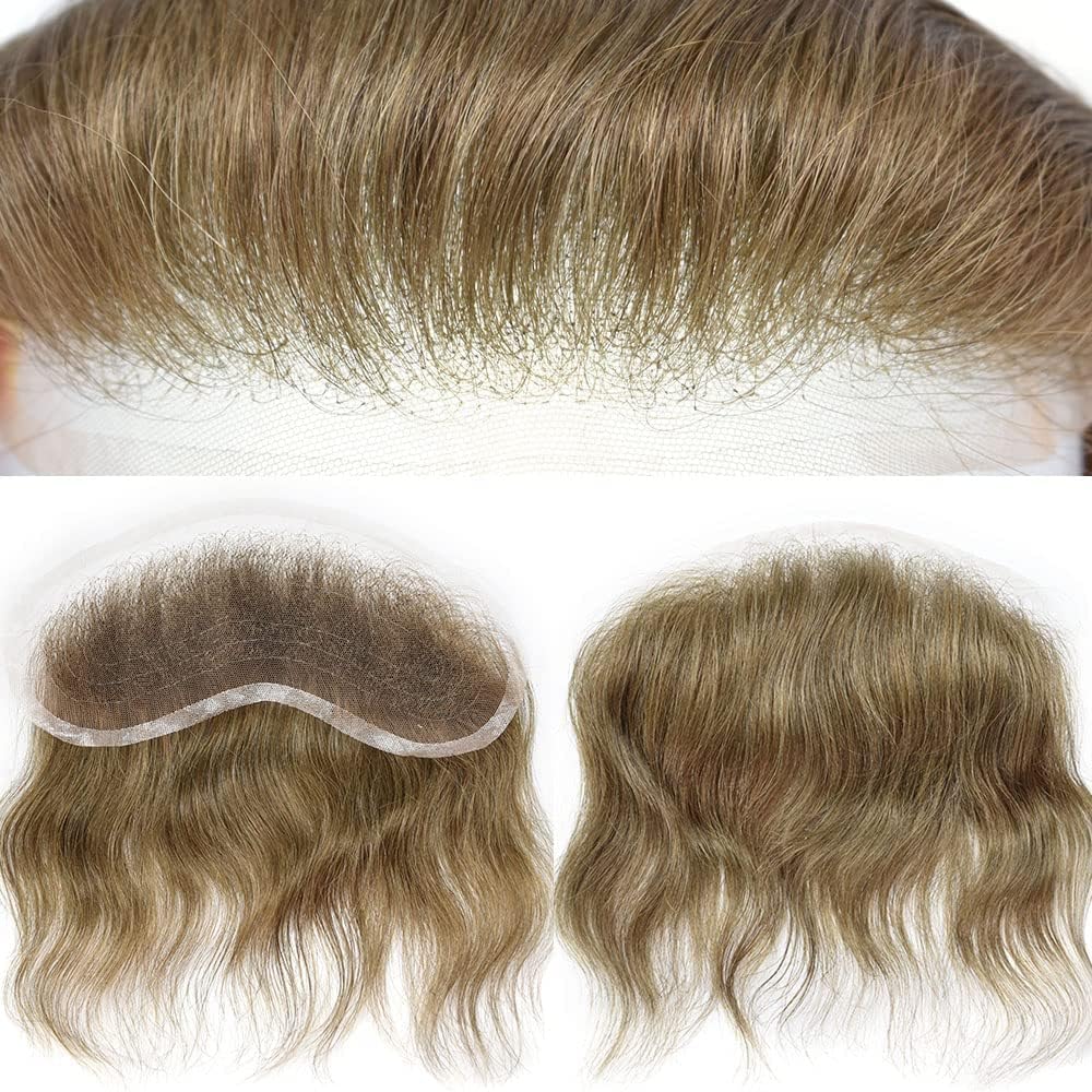 Lace Frontal Toupee For Men Full Swiss Lace Frontal Hairpiece V-Shape Real Human Hair Replacement System For Men Receding Forehead Hairline. (VERY LIGHT BROWN 7#)