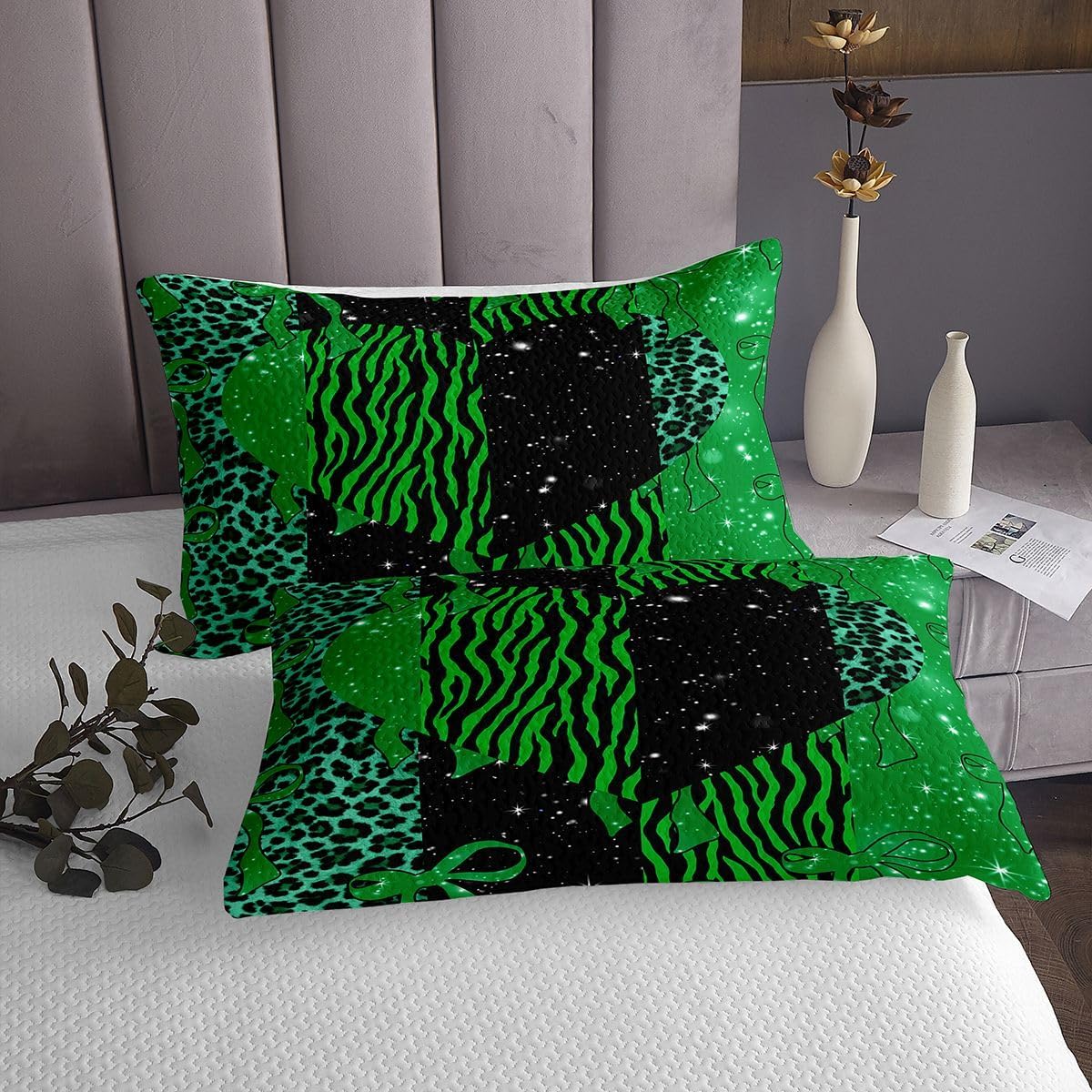 Manfei Leopard Bowknot Kids Bedspread Queen Size,Zebra Stripes Leopard Bow Pattern Coverlet Set,Teens Women Bedroom Decor,Boho Abstract Wild Animal Quilted Coverlet,Green Bedding Quilt,2 Pillowcases