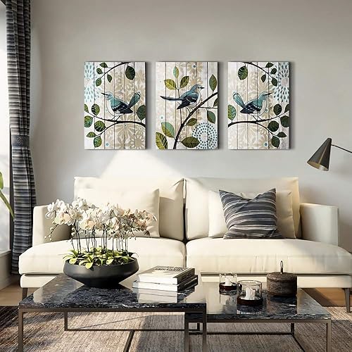 Miniatura 3 de Lienzo abstracto de 3 piezas con diseño de pájaro en la rama, arte de pared para sala de estar, decoración de pared para dormitorio, cocina,