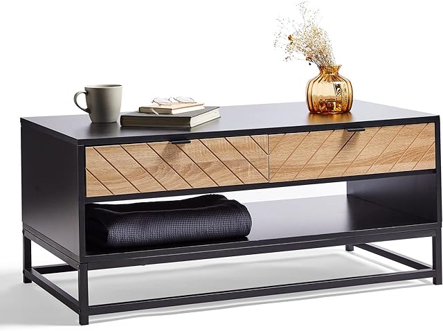 VonHaus Chevron Coffee Table for Living Room - Black & Light Wood Effect 2 Drawer Centre Table - Modern Tea Table w/Open Shelf & Metal Frame Industrial Style Storage for Lounge - Dalton