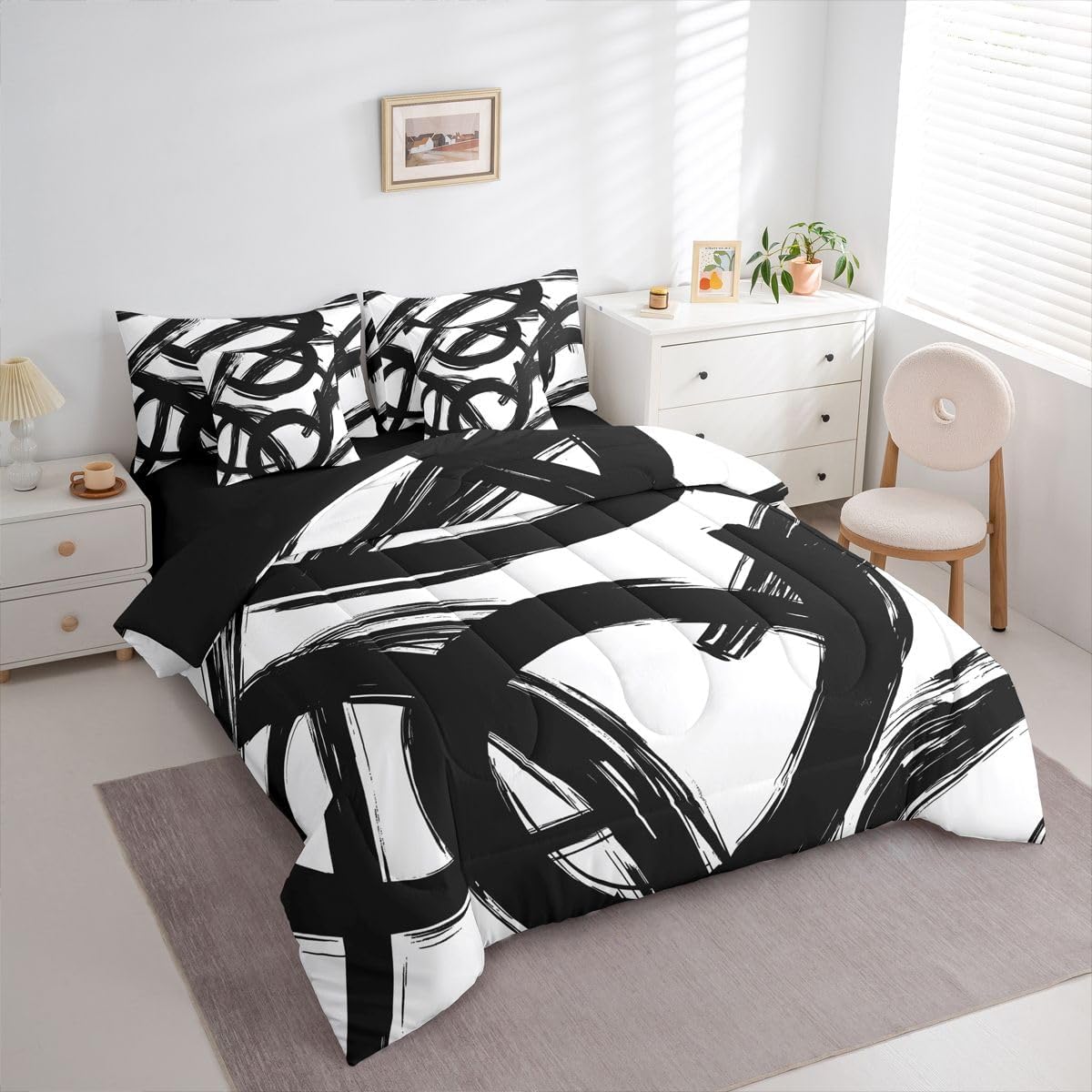 Erosebridal Black White Abstract 7 Piece Comforter Set King Bed in A Bag Modern Graffiti Minimalist Line Bedding Set Simple Sketch Cool Unique Geometric Sheet Set Ink Painting Aesthetic Quilt