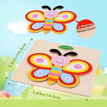 8 Pack Wooden Animal Puzzles for Kids Ages 3-5, Chunky Jigsaw Puzzle Set with Dinosaur, Panda, Crab, Elephant, Bear, Frog, Butterfly and Rabbit, Preschool Learning Toys for Boys and Girls