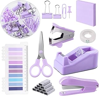 Swpeet 9Pcs Purple Office Supplies Kit, Desk Accessories Including Stapler, Tape Dispenser, Staple Remover, Tabs, Scissor...