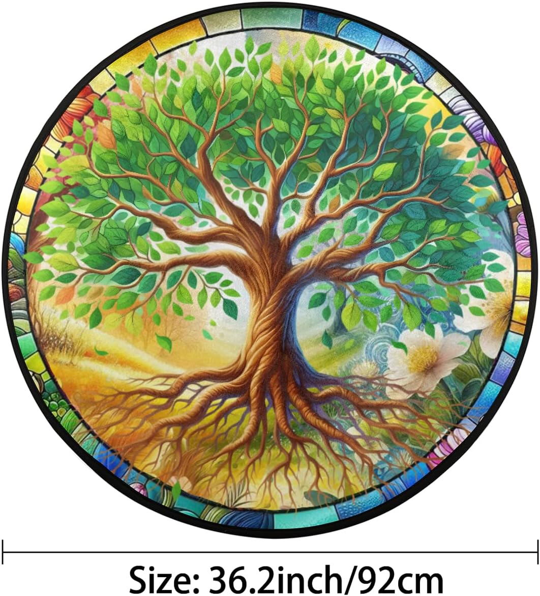 Round Rug 3ft Glass Leaf Tree of Life Indoor Circle Area Circle Rugs Washable Non-Slip Bedside Indoor Doormat for Living Room Bedroom Playroom Nursery Room Decor Carpet Mat Splat Mat for High Chair