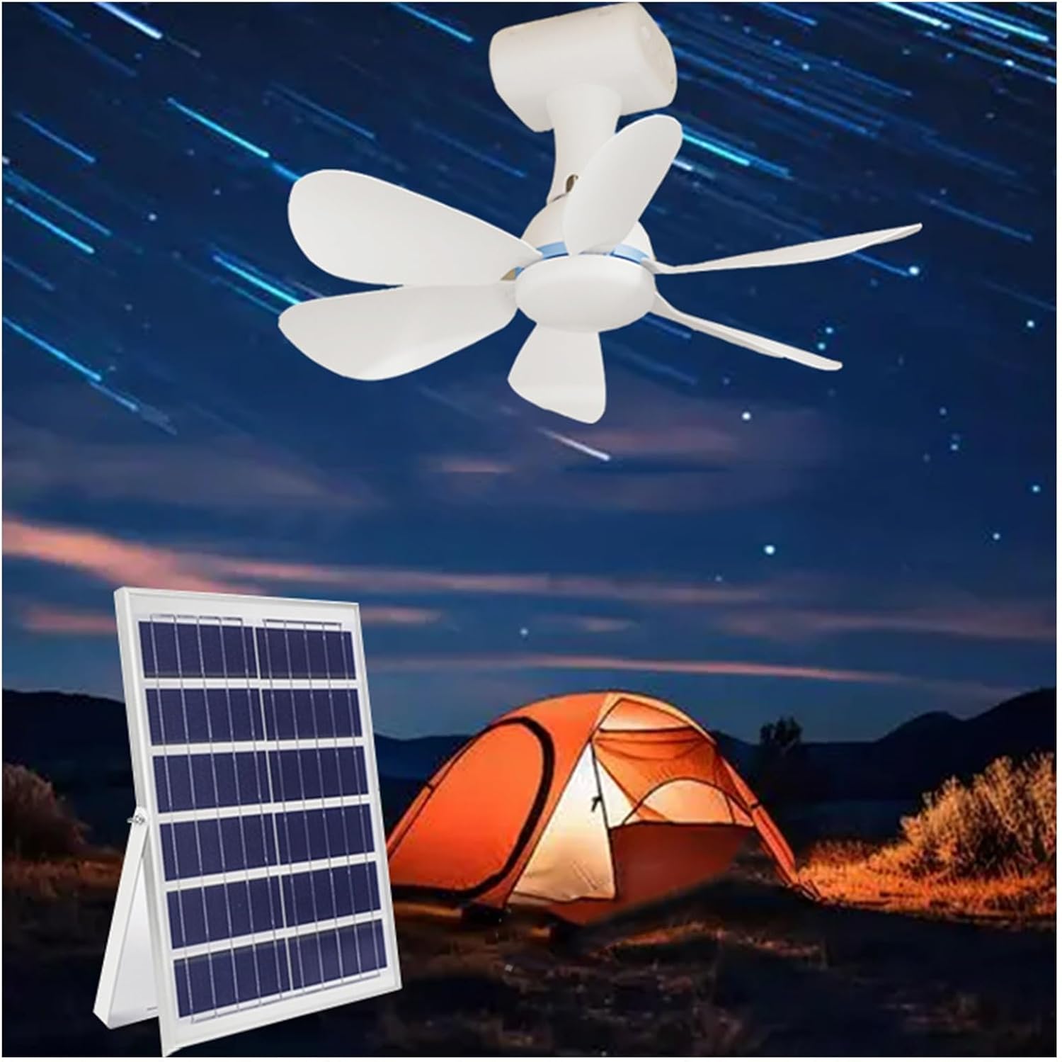 Portable Hanging Solar Powered Fan Light can Last 6/8/10 H Wall Mounted Small Ceiling Fan Camping Fan with Remote Control and Light with 5 M Charging Cable(6 h)