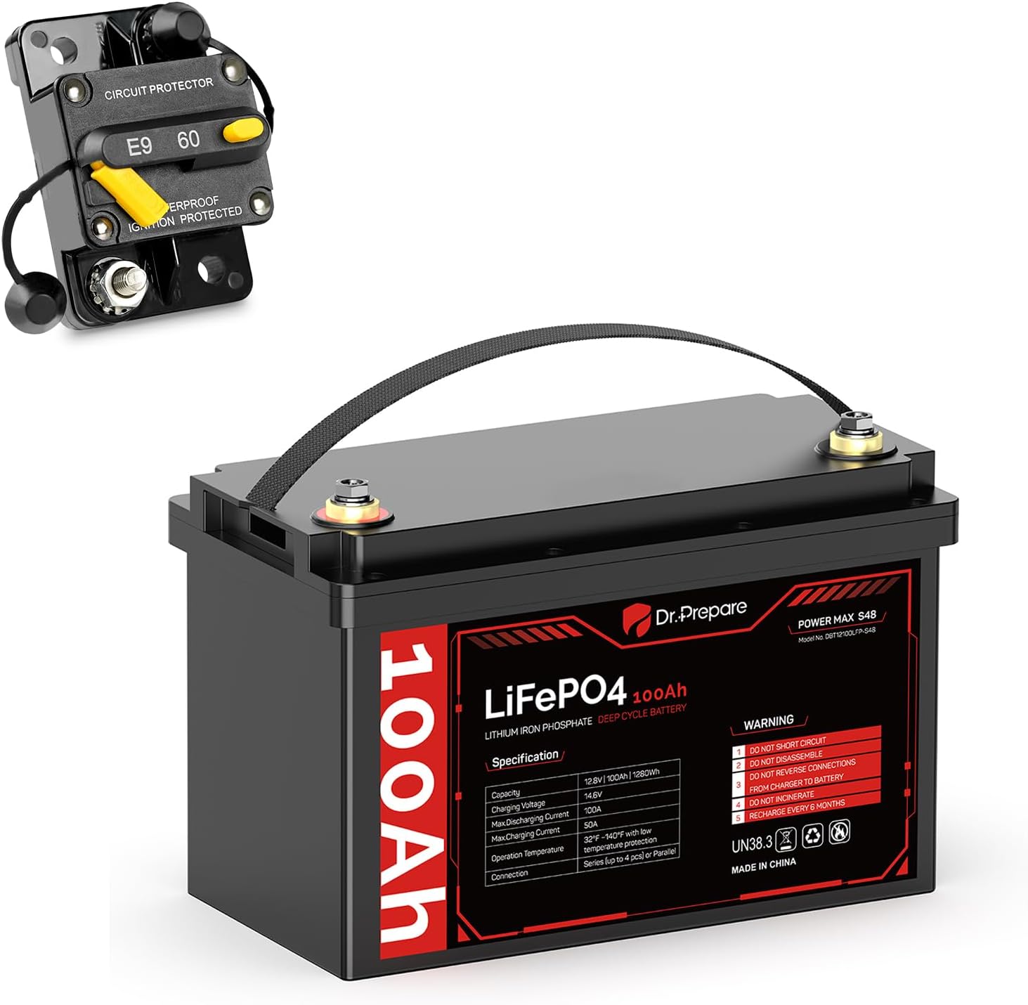 DR.PREPARE 12V 100Ah Trolling Motor LiFePO4 Battery with 60A Circuit Breaker Kit, Group 31 Lithium Iron Phosphate Battery with 100A BMS, Grade A+ Cells, Low-Temp Protection for Boats, Marine, RV
