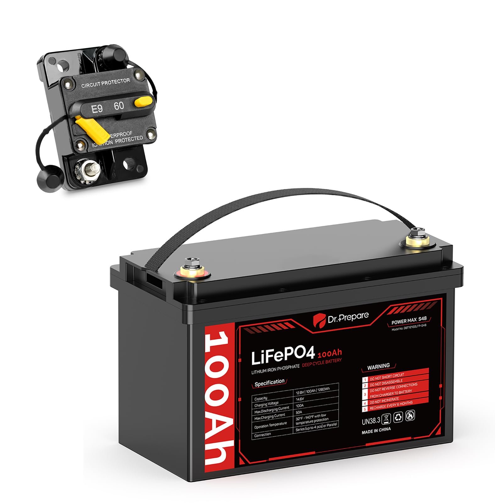 DR.PREPARE 12V 100Ah Trolling Motor LiFePO4 Battery with 60A Circuit Breaker Kit, Group 31 Lithium Iron Phosphate Battery with 100A BMS, Grade A+ Cells, Low-Temp Protection for Boats, Marine, RV