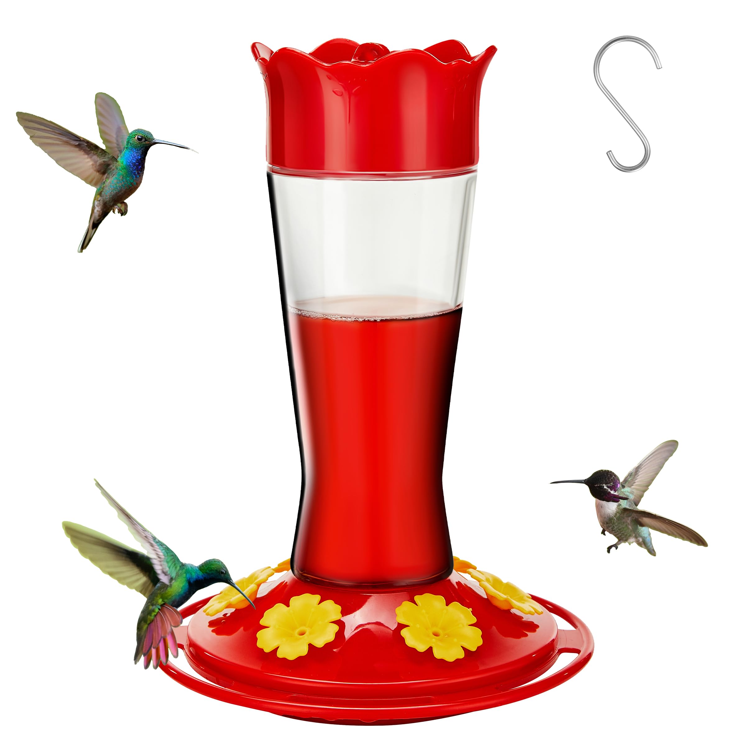 Kingsyard Glass Hummingbird Feeder for Outdoors Hanging - 6 Bee Guard Feeding Ports & Built-in Ant Moat, Wild Bird Feeder for Outside Garden Yard Patio 14 Oz, Updated Red