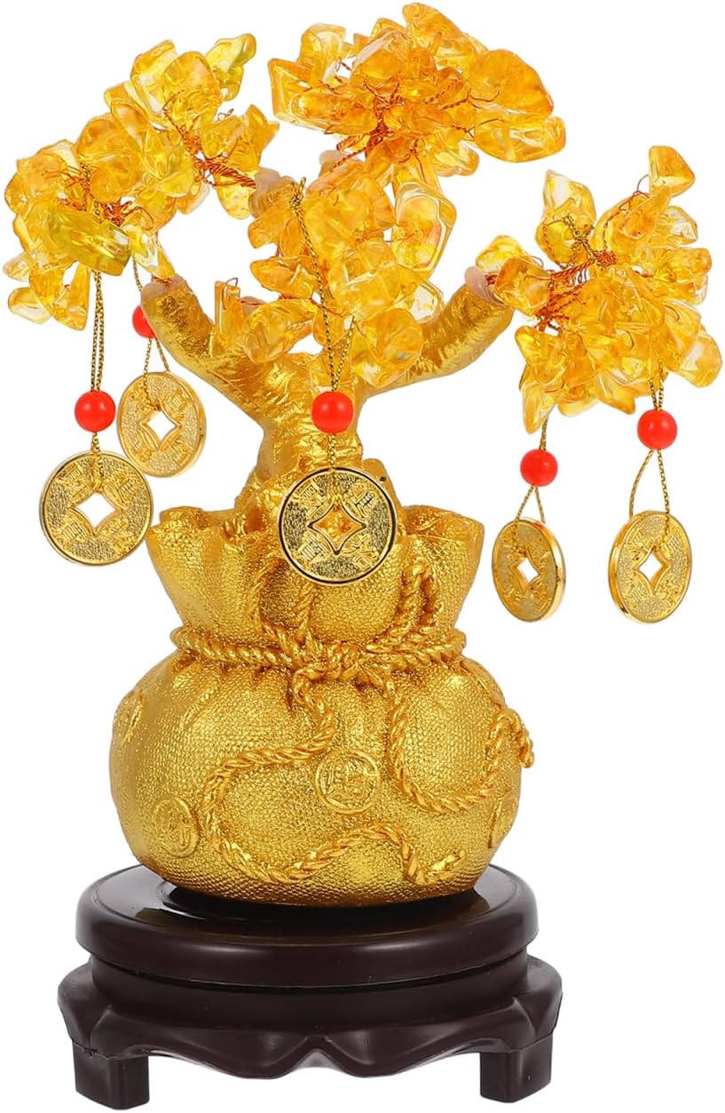 Feng Shui Citrine Money Tree Decorative Crystal Bonsai for Home and Office, Lucky Wealth Tree with Base Gold Coin and Amulet, Small Desktop Fortune Ornament Requires Self-Assembly 19CM