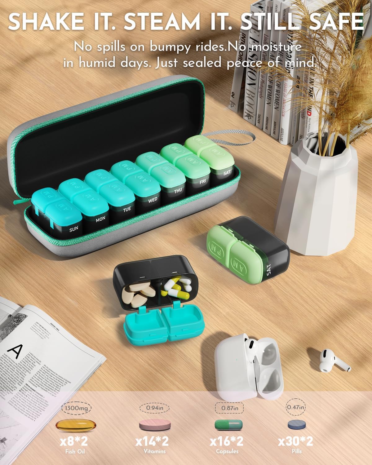 weekly pill organizer 2 times a day, 7 day travel medicine pill organizer with moisture-proof silicone lid, am pm daily pill box for vitamins & supplements, aesthetics pill case(green)