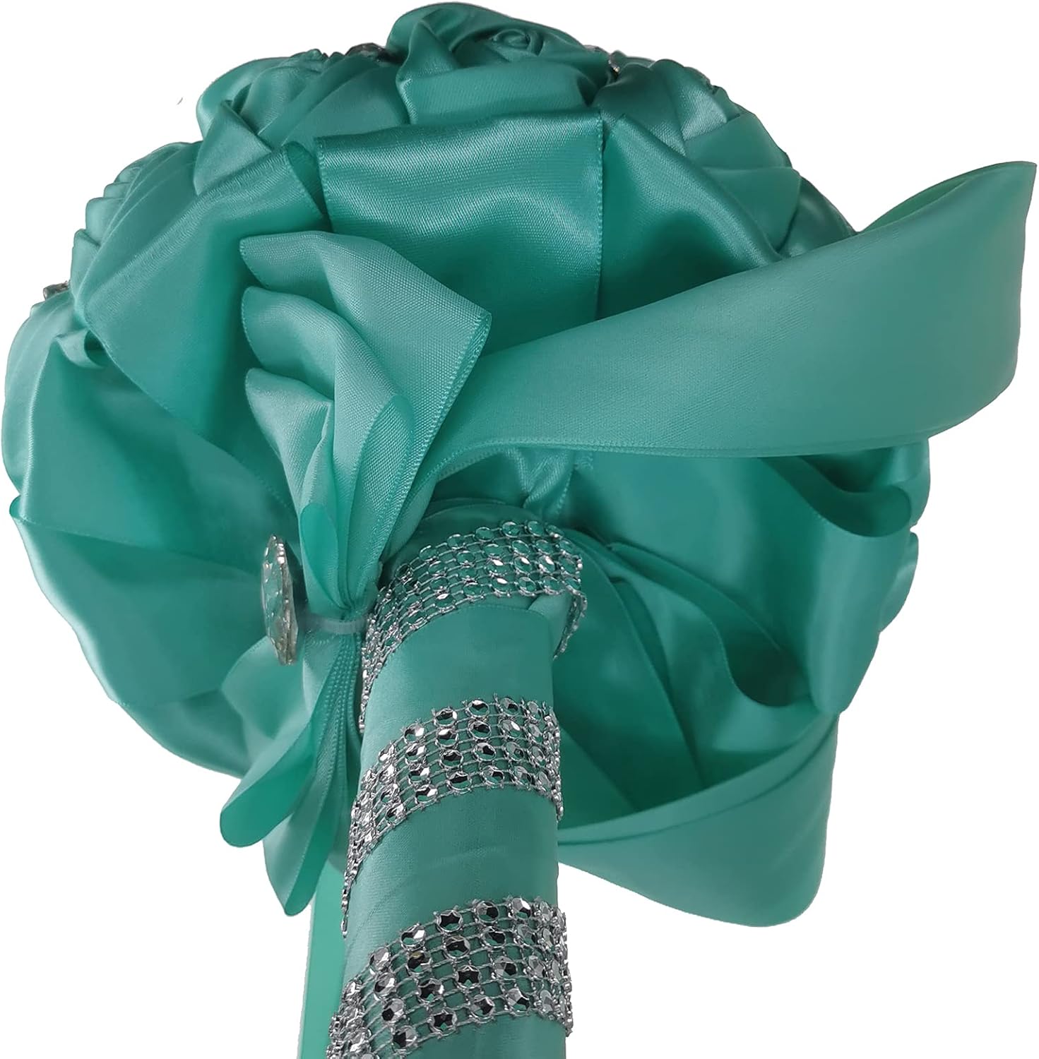 Handmade Romantic Silk Roses Meteor Shower Rhinestone Decor Satin Ribbon Wedding Bouquet Bridal Holding Bouquet Bridesmaid Bouquet Wedding Decoration Flowers (Blue)