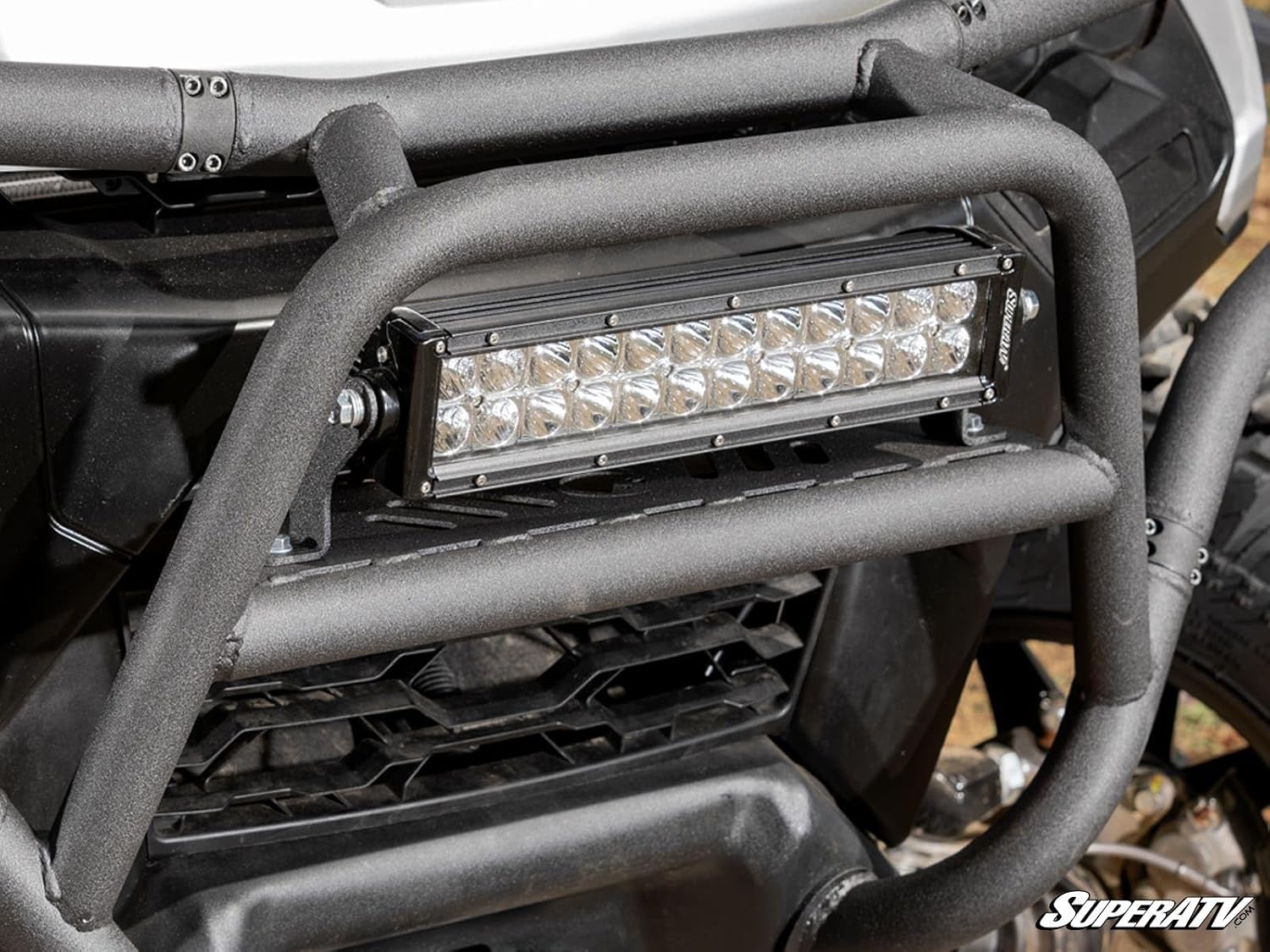 SuperATV Heavy-Duty Front Bumper compatible with Can Am Defender, 1.75" Steel Tubing Brush Guard with Light Bar Compatibility, Easy Install, Black Powder Coat Finish, See Fitment, USA Made