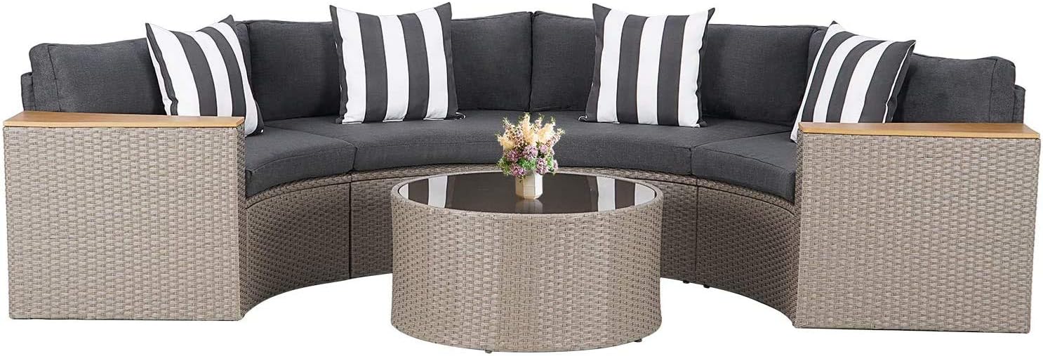 5 Pieces Patio Furniture Sets Outdoor Sectional Sofa Half-Moon Conversation Set All Weather Grey Wicker Sectional Couch with Round Tempered Glass Table and Grey Cushions