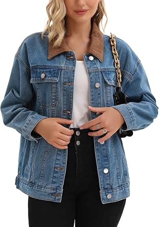 Womens Jean Jacket Button Down Corduroy Collar Long Sleeve Western Shacket Denim Jackets