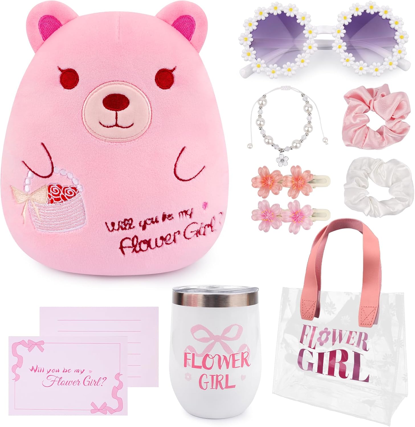 8 Pcs Flower Girl Proposal Gifts Set,Will You Be My Flower Girl Gift with Flowers Girls Bear Sunglasses Bracelet Hair Clip Hair Ties Card Water Cup Flowers Girls Bags for Wedding Proposal