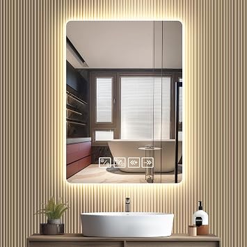 50×70cm Bluetooth Bathroom Mirror with Led Lights and Dual Touch Switch, Wall Mounted Vanity, Anti-fog, 3 Colors Dimmable Light, Rectangle Demister Mirror with Backlit Lights for Bathroom