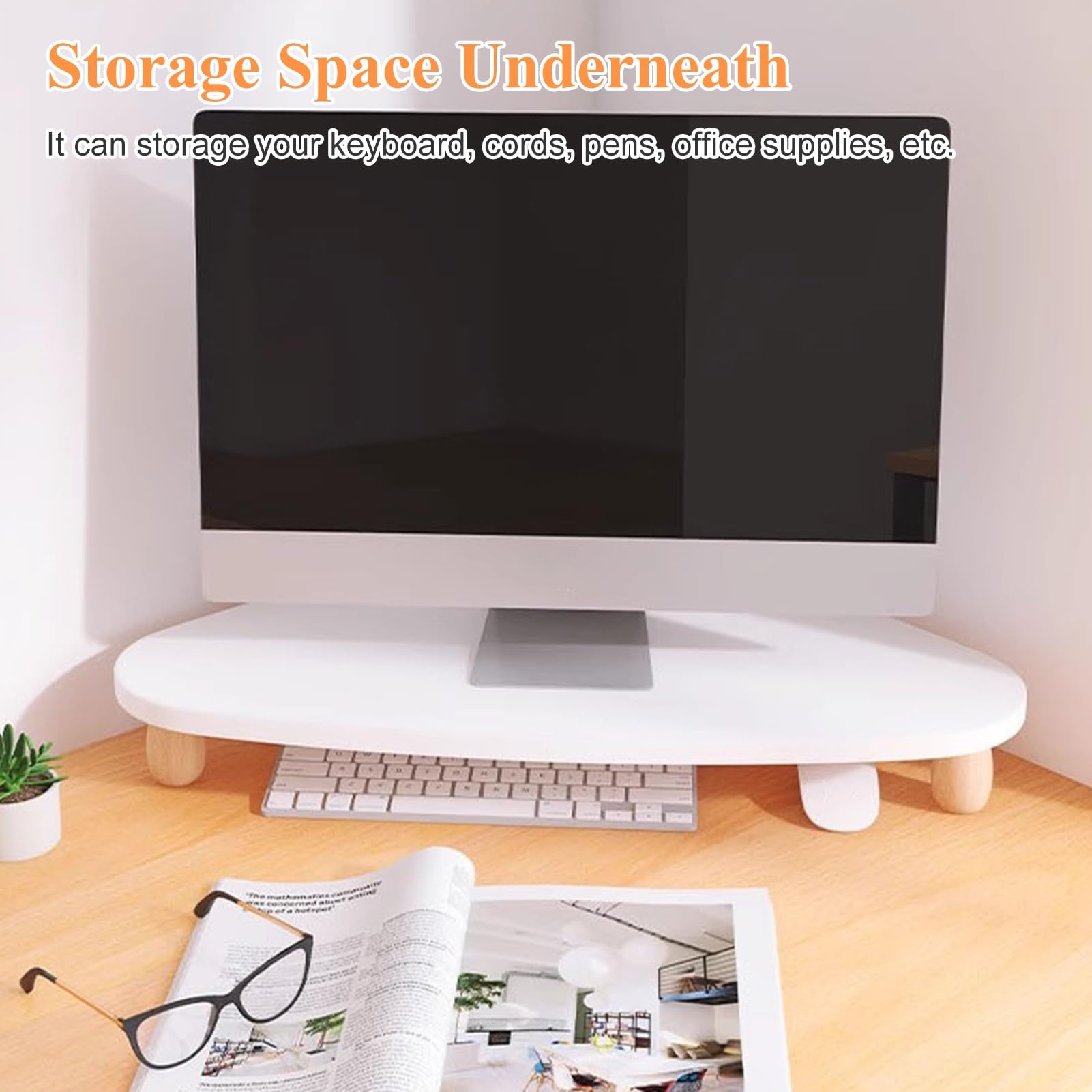 Supporto per Monitor angolare Bianco, Supporto per Computer da scrivania in Legno, Grazioso ripiano angolare per scrivania da Ufficio per Laptop, Facile da Montare