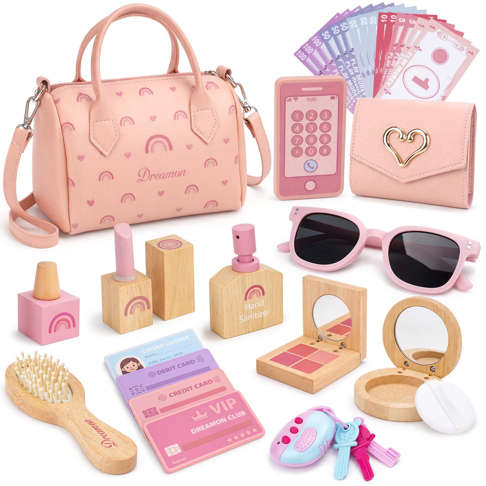 Dreamon Play Purse for Little Girls - 30PCS Toddler Purse with Wooden Pretend Makeup Kit, Handbag, Phone, Wallet, Keys - Princess Pretend Play Toys Birthday Gift for Girls Age 3 4 5 6 + Year Old - 1