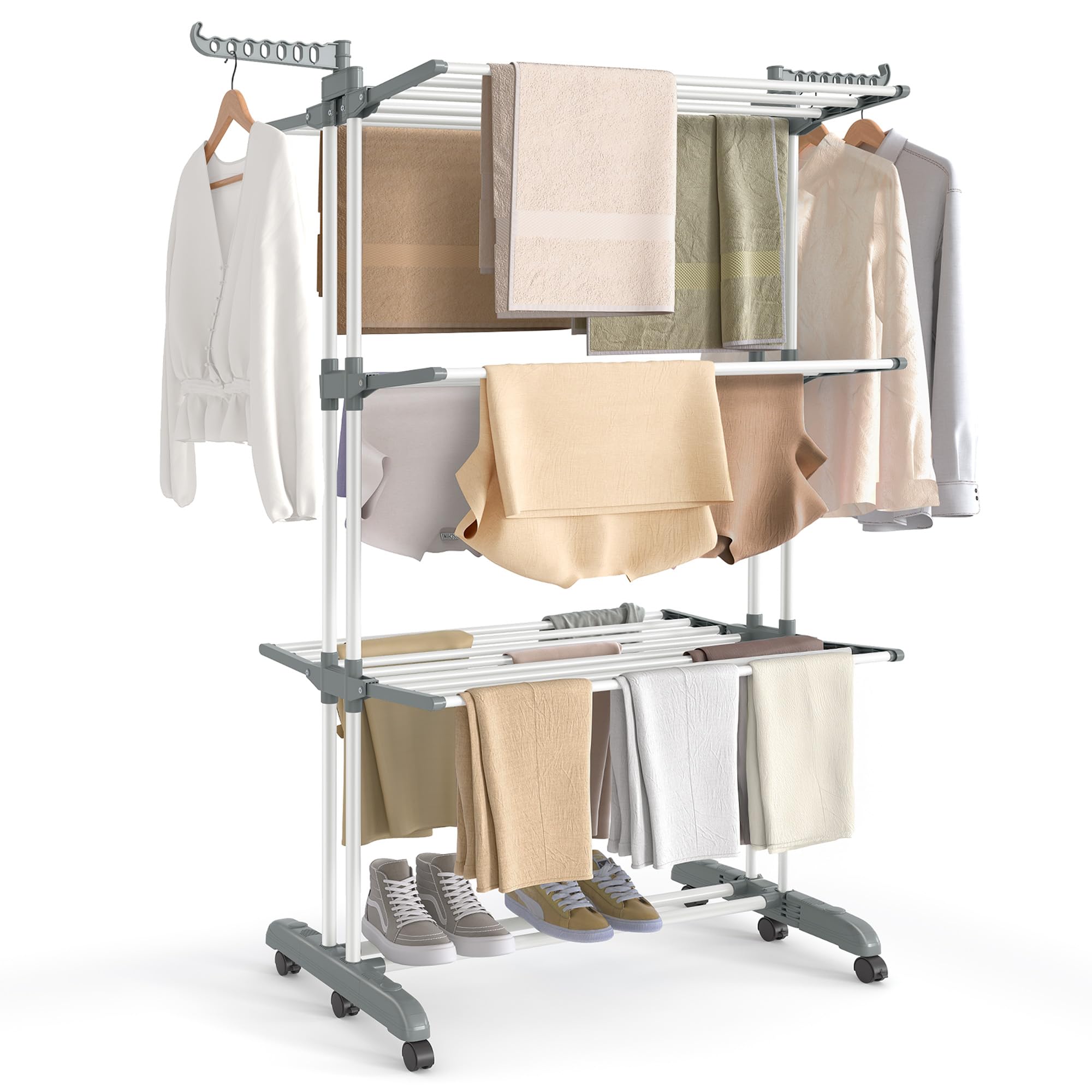 SONGMICS Large Clothes Airer, Foldable Clothes Drying Rack Horse 4-Tier, Moveable, 63.5 x 125.5 x 173 cm, Stainess Steel, Folding Wings, Indoor Outdoor Use, Cloud White and Dove Grey LLR703WZ02