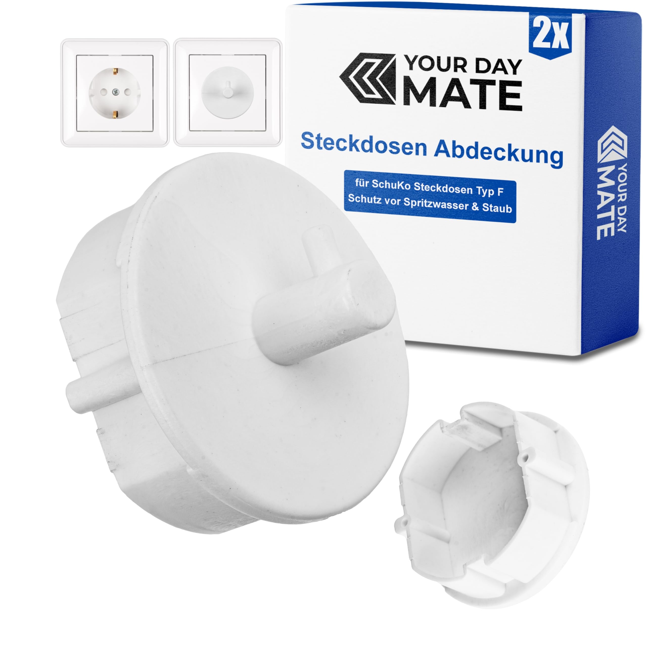 Steckdosen Abdeckung mit Haken, 2 Stück, in Weiß, Steckdosenschutz vor Staub, Spritzwasser, Dreck, für SchuKo Buchse Typ F, Handtuchhaken für Steckdose in Küche und Bad, Bademantelhaken Buchse