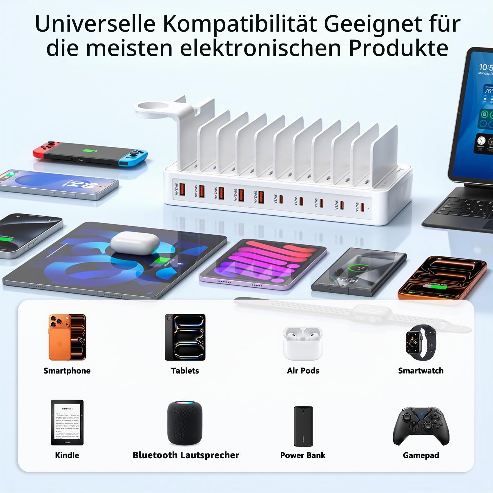 Ladestation Mehrere Geräte, USB C ladestation 100W, 10 Ports USB-Schnellladegerät Mit Uhrenhalterung und 10 Cables,ladestation Handy für iPhone/Samsung, Tablets und andere USB-Geräte