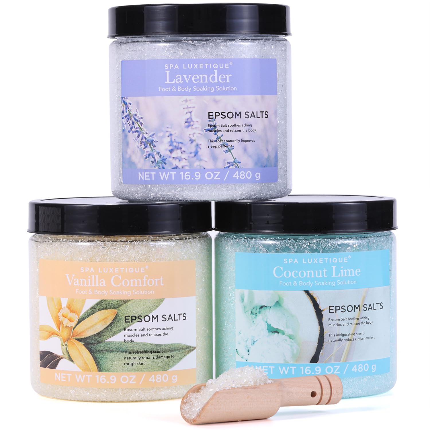 Spa Luxetique Sel d’Epsom, Coffret Sel de Bain, 3*480g avec l'Huile Essentielle, Lavande, Vanille,Noix de Coco Citron Vert,Pour un Bain de Pieds,Idéede Noël et d’Anniversaireet,Cadeau Fete des Meres