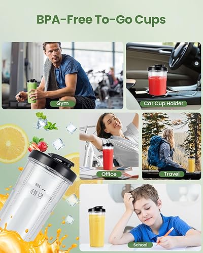 Miniatura 4 de Batidora personal VEWIOR de 1200 W para batidos y batidos, con hoja de 6 bordes, tazas para llevar sin BPA de 17 onzas y 23 onzas, control de 3