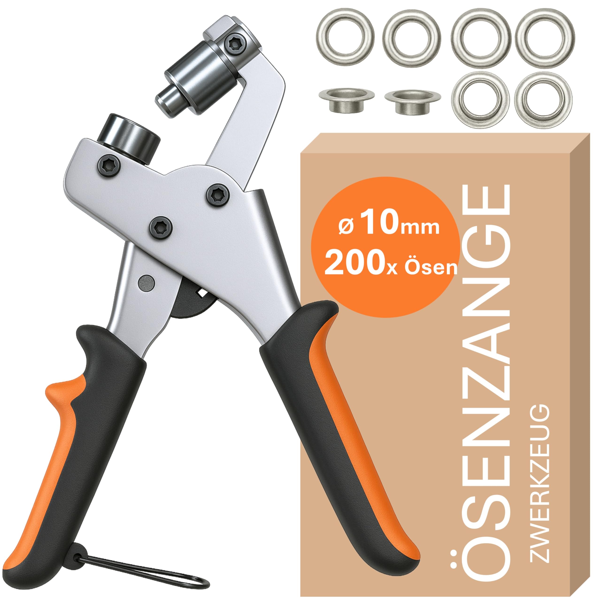 Profesjonalny zestaw szczypiec do oczek z 200 oczkami – zestaw oczek (Ø 10 mm), magnetyczna prasa do oczek I dziurkacz do tkanin, plandek i żagli przeciwsłonecznych (szczypce do oczek nowa