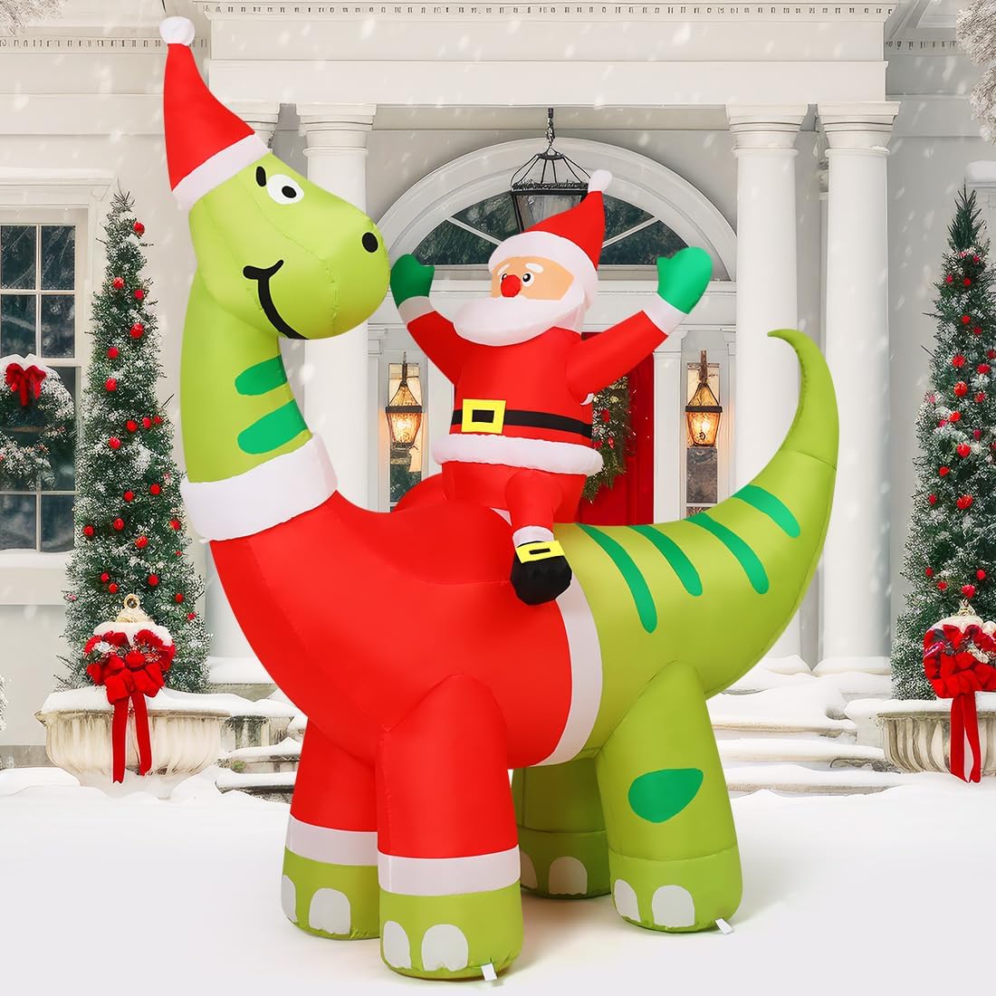 COMIN 6ft Christmas Inflatables Outdoor Decorations, Blow Up Santa Claus Riding A Dinosaur Inflatable with Built-in LEDs for Christmas Indoor Outdoor Yard Lawn Garden Decorations
