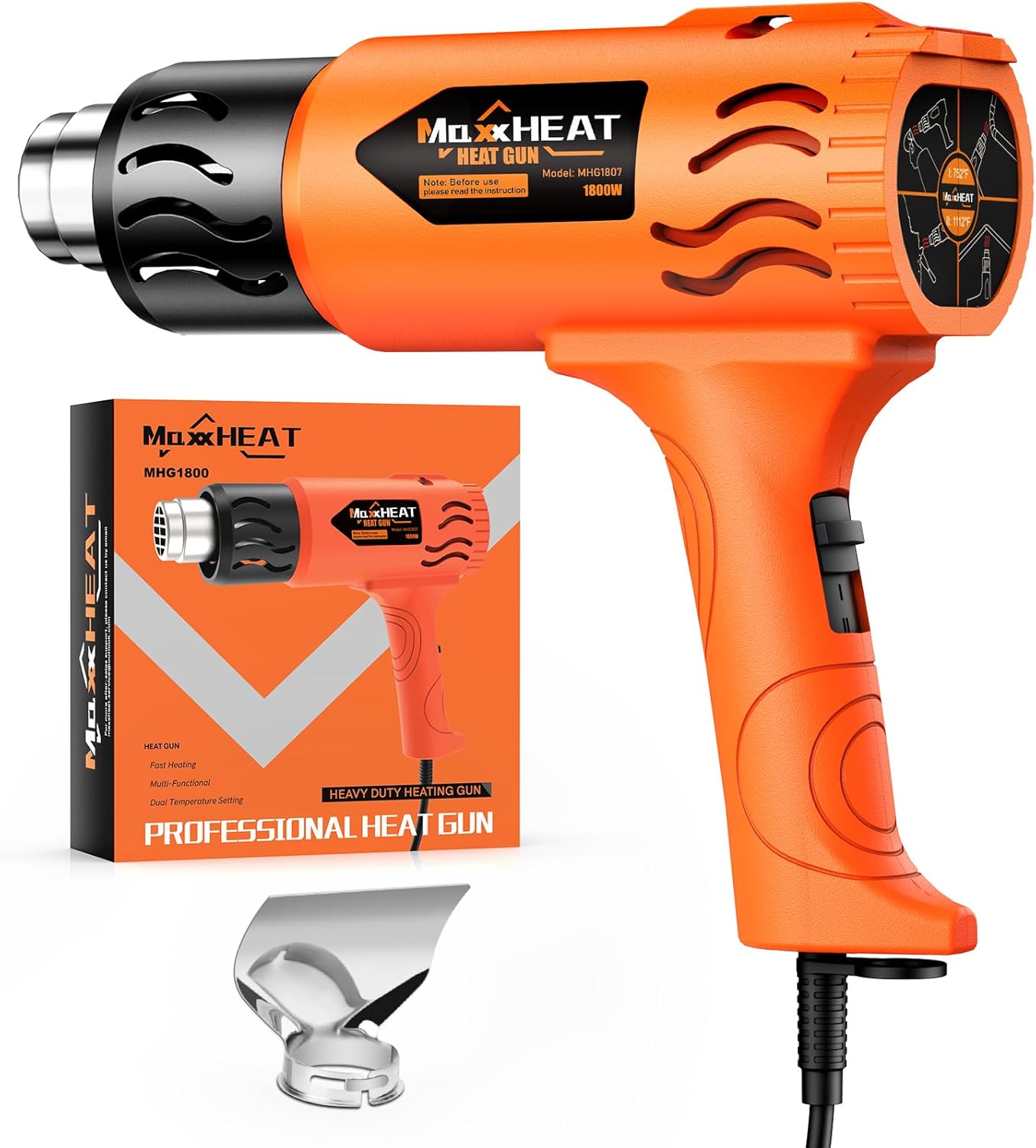 Heat Gun 1800W Heavy Duty Hot Air Gun 2 Temperature Settings 572°F & 1112°F with Reflector Nozzle for Shrink Tubing and Crafts