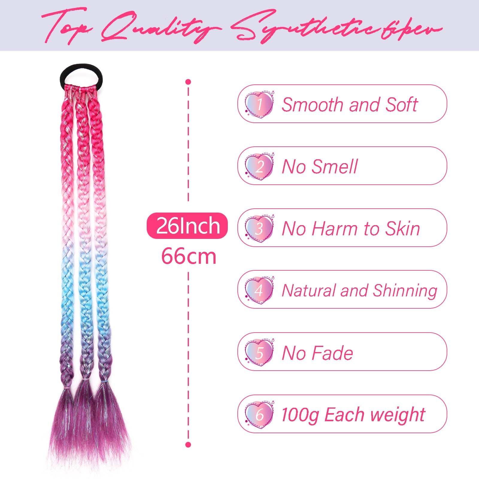 Rainbow Ponytail Extensions With Hair Tie 1 Packs 100g Coloured Hair Extensions for Braiding 26 inch Colorful Ombre Mermaid Pony Tail Synthetic Hair Extensions for Girl Women (#4-23) - Image 3