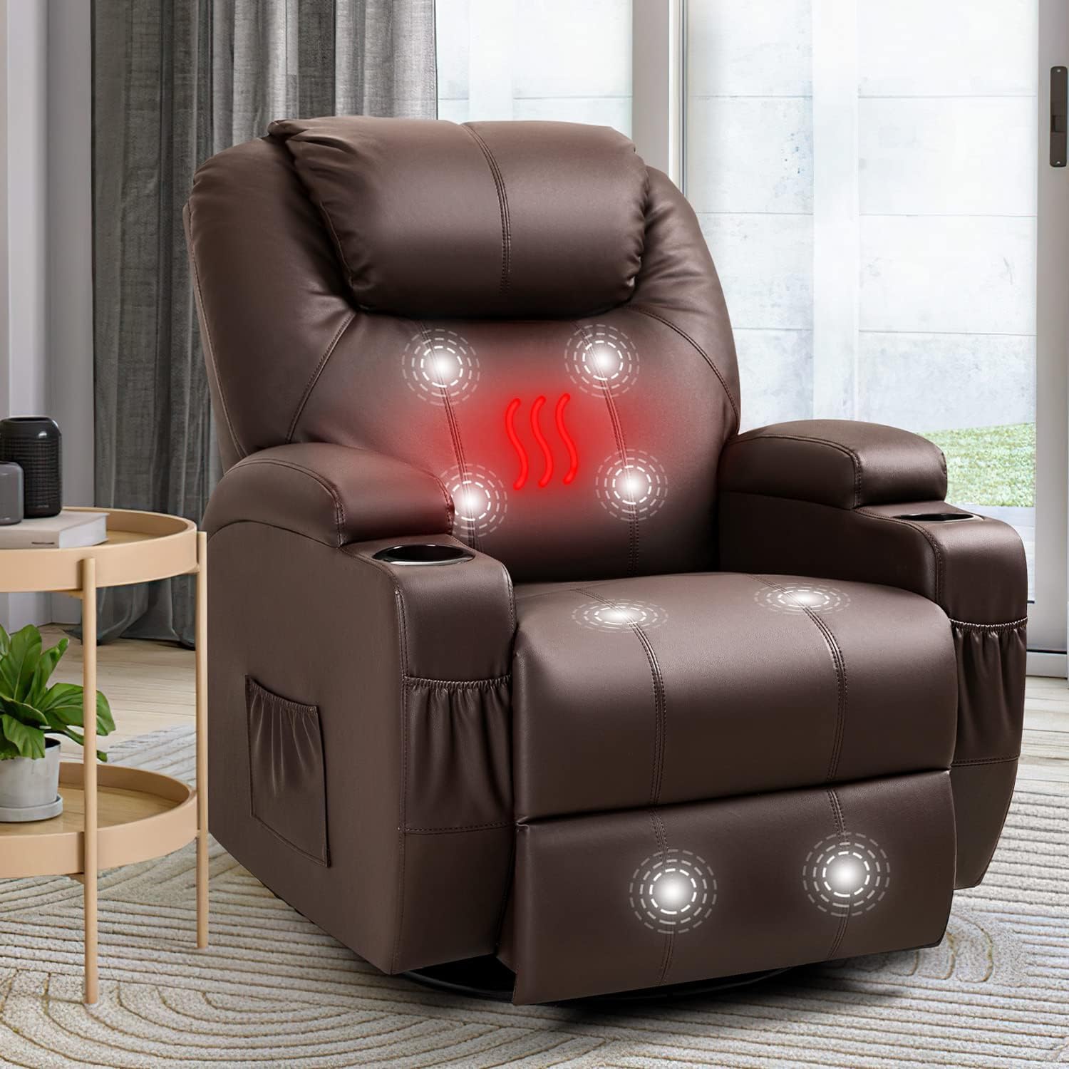 Vooson Massage Recliner Chair Heated PU Leather Ergonomic Lounge 360 Degree Swivel with 2Cup Holders, 2Pockets and Remote Control