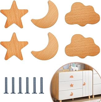 6PCS Wooden Cabinet Knobs Star Moon Cloud Shape Wood Knobs for Nursery Room, Kids Dresser Knobs Nursery Drawer Handles with Screws
