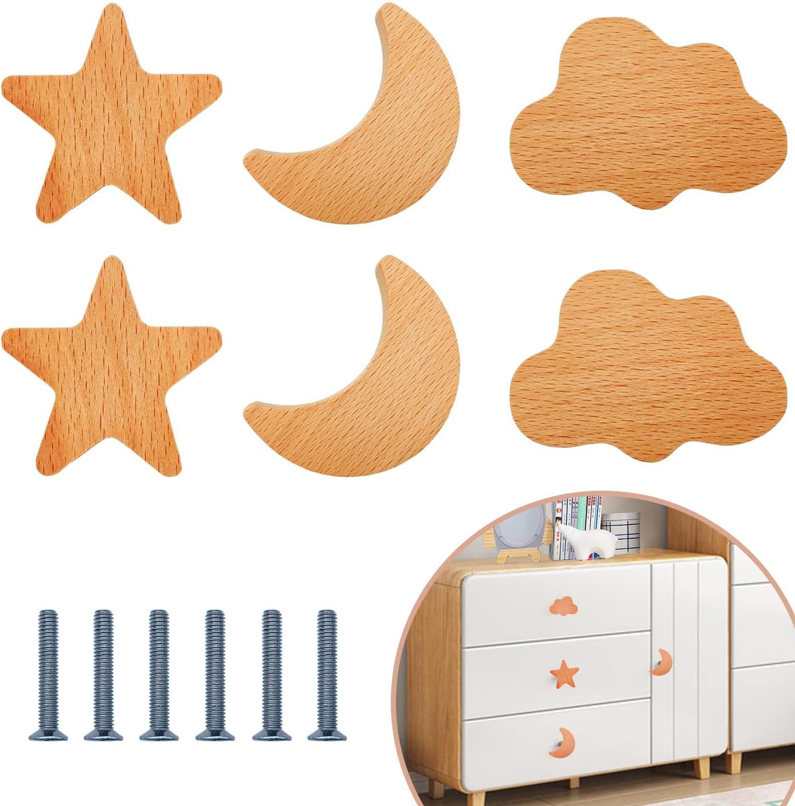 6PCS Wooden Cabinet Knobs Star Moon Cloud Shape Wood Knobs for Nursery Room, Kids Dresser Knobs Nursery Drawer Handles with Screws