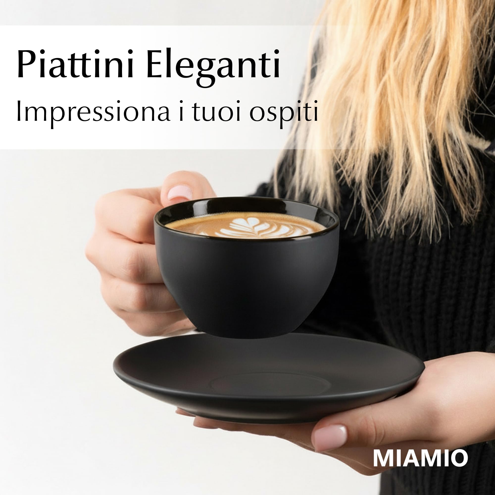 MIAMIO - 175 ml Set di 6 Tazze Cappuccino con Piattini/Tazza Cappuccino/Tazze da Cappuccino - Set Tazzine Caffè con Piattino - Tazze Colazione - Tazze Caffe - Collezione Le Papillon (Negro)