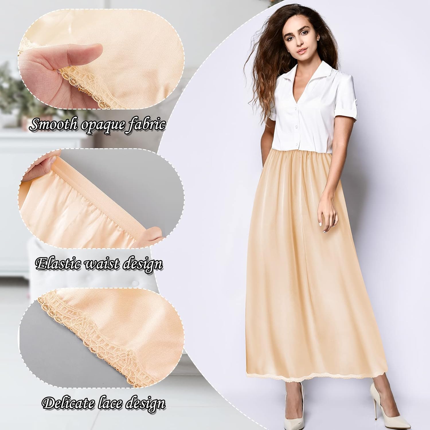 Jadive Women's Satin Half Slip Lace Long Underskirt Skirt Slip Long Slips for Dresses Lingerie Skirt - Image 3