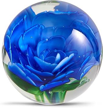 EUSTUMA Hand Blown Glass Flower Paperweight Figurine for Office Desk.Give You A Gift from The Person You Love, The Garden Decoration.Blue Flowers