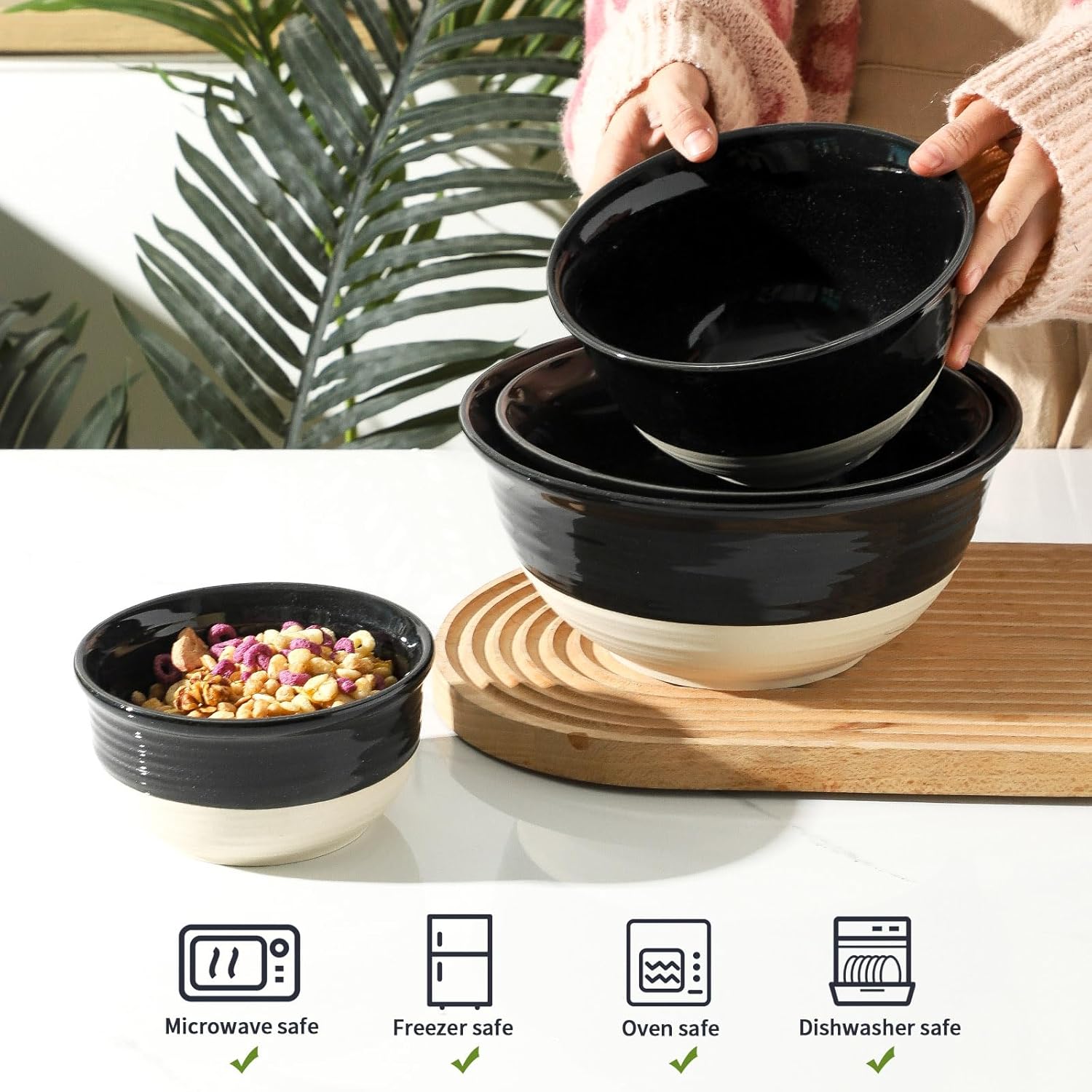 HASENSE Large Ceramic Mixing Bowls, 2.1/1.5/1.0/0.5 Qt Serving Bowls for Kitchen, Nesting Salad Bowls Set for Mixing, Cooking, Baking, Fruit, Side Dishes, Holiday Serving Dishes, Set of 4, Black - Image 6