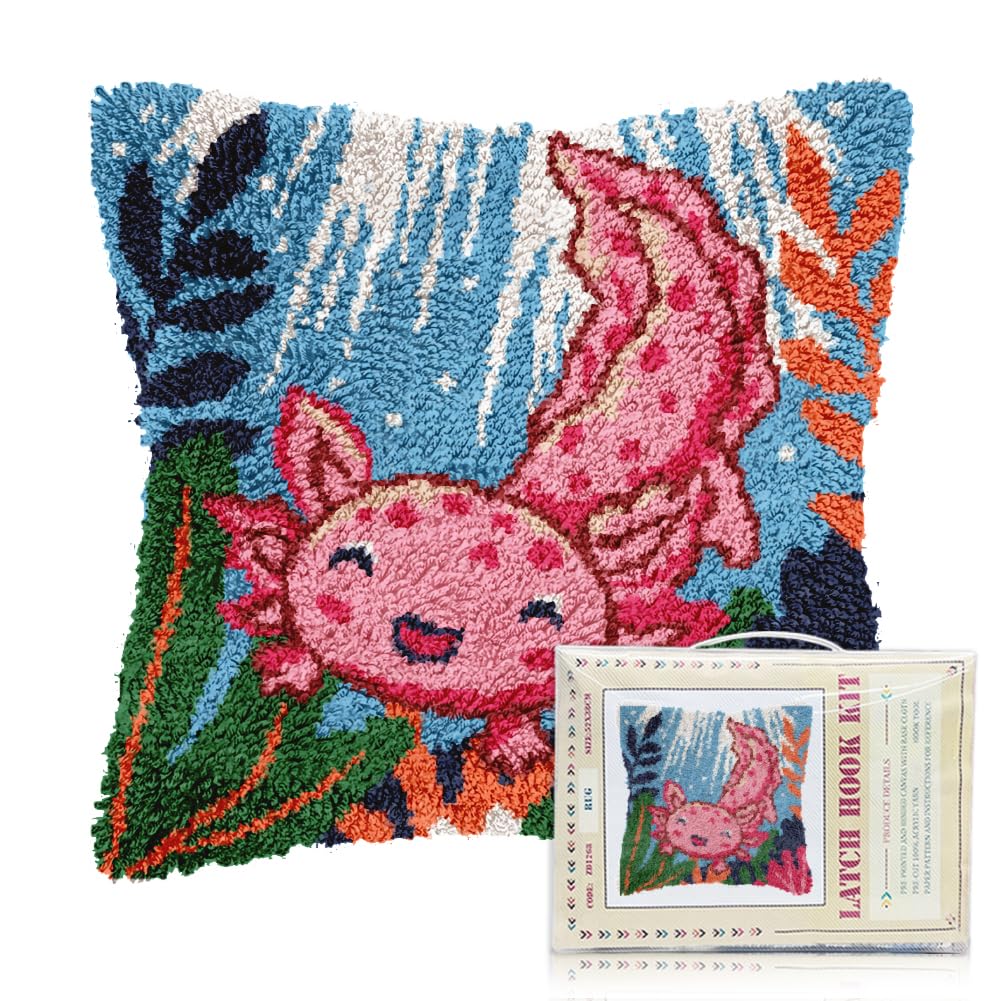 FREEBLOSS Knüpfsets Für Erwachsene Und Anfänger Axolotl Vordrucke DIY Häkel Und Knüpfsets Kissenbezug Zur Dekoration Des Sofas Inklusive Anleitung (17 x 17 Zoll)
