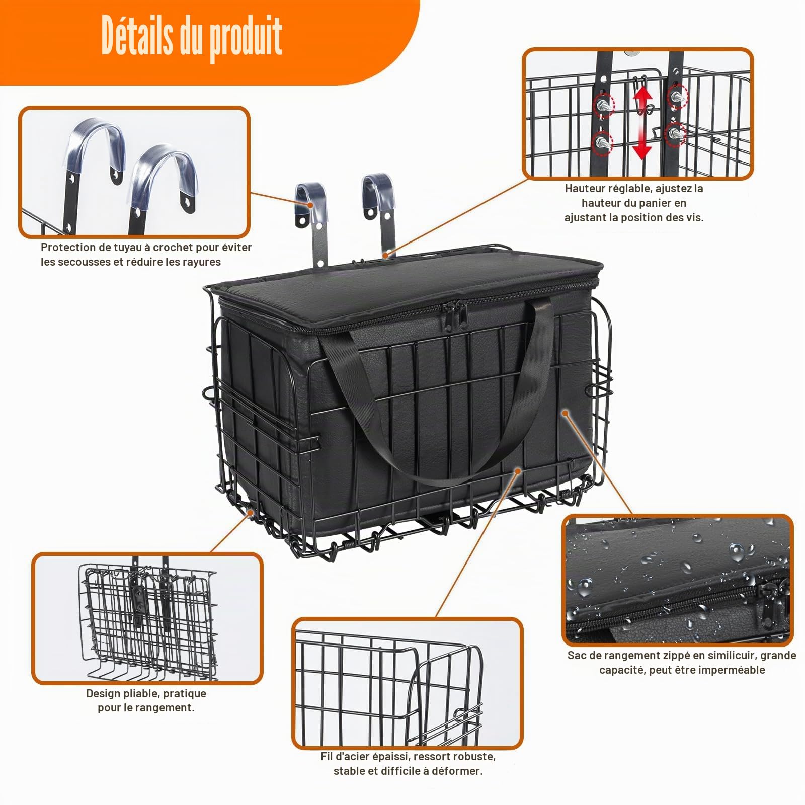Panier de vélo pliable avec poche intérieure noire, panier de vélo imperméable pour l'avant et l'arrière, sacoche de vélo pour accessoires de VTT, pour animaux de compagnie, courses, navette