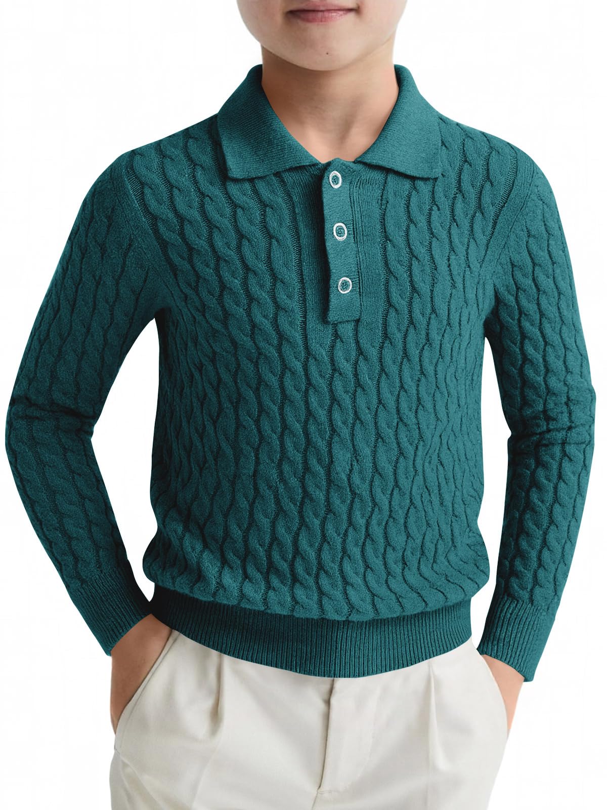 Haloumoning Boys Cable Knit Polo Shirt Kids Long Sleeve Sweater 5-14 Years