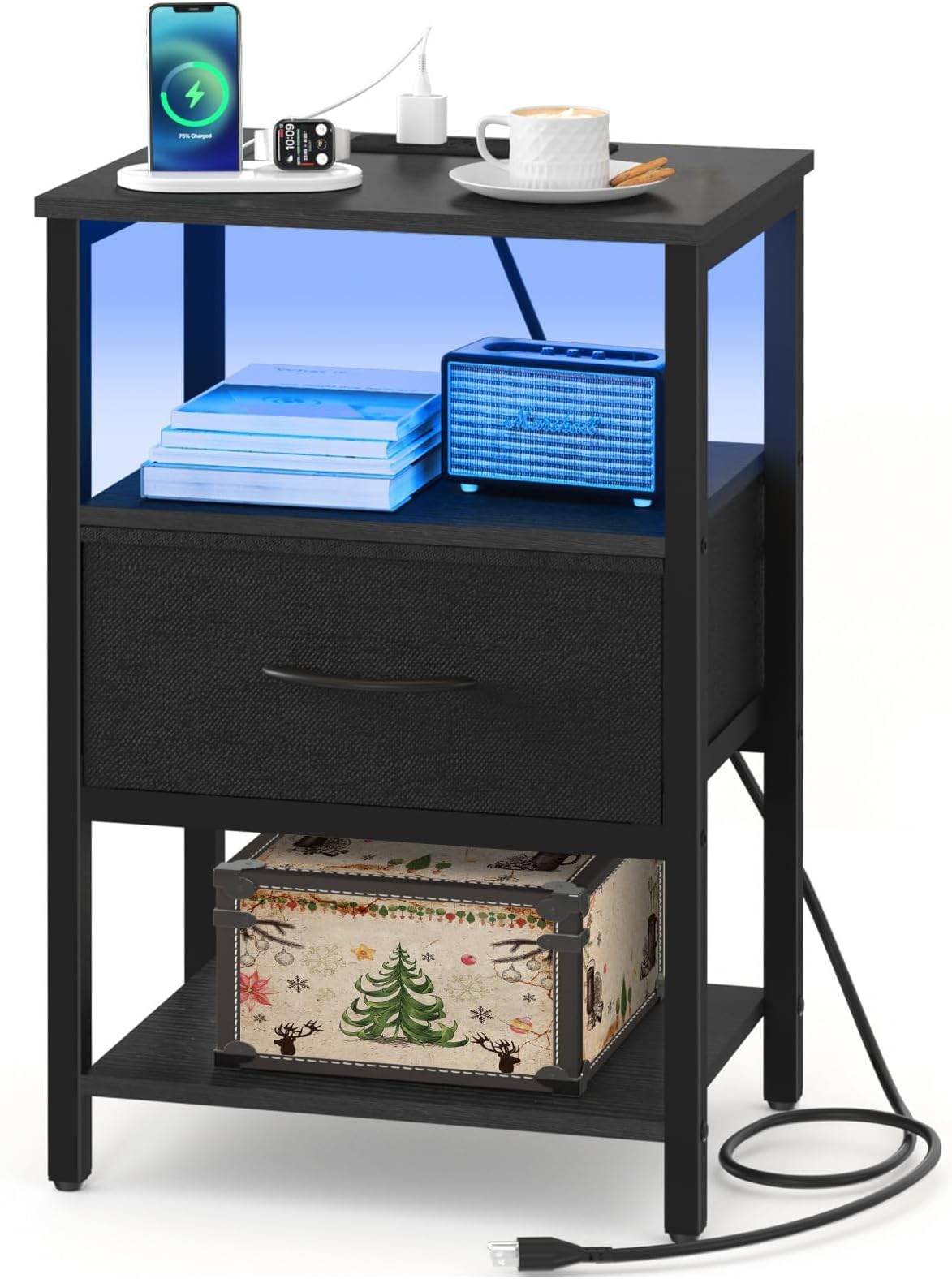 Side Table with Storage, LED Night Stand with Charging Station, End Tables Living Room, Nightstand for Bedroom with Adjustable Fabric Drawer, 3-Tier Wood Bedside Table, Black