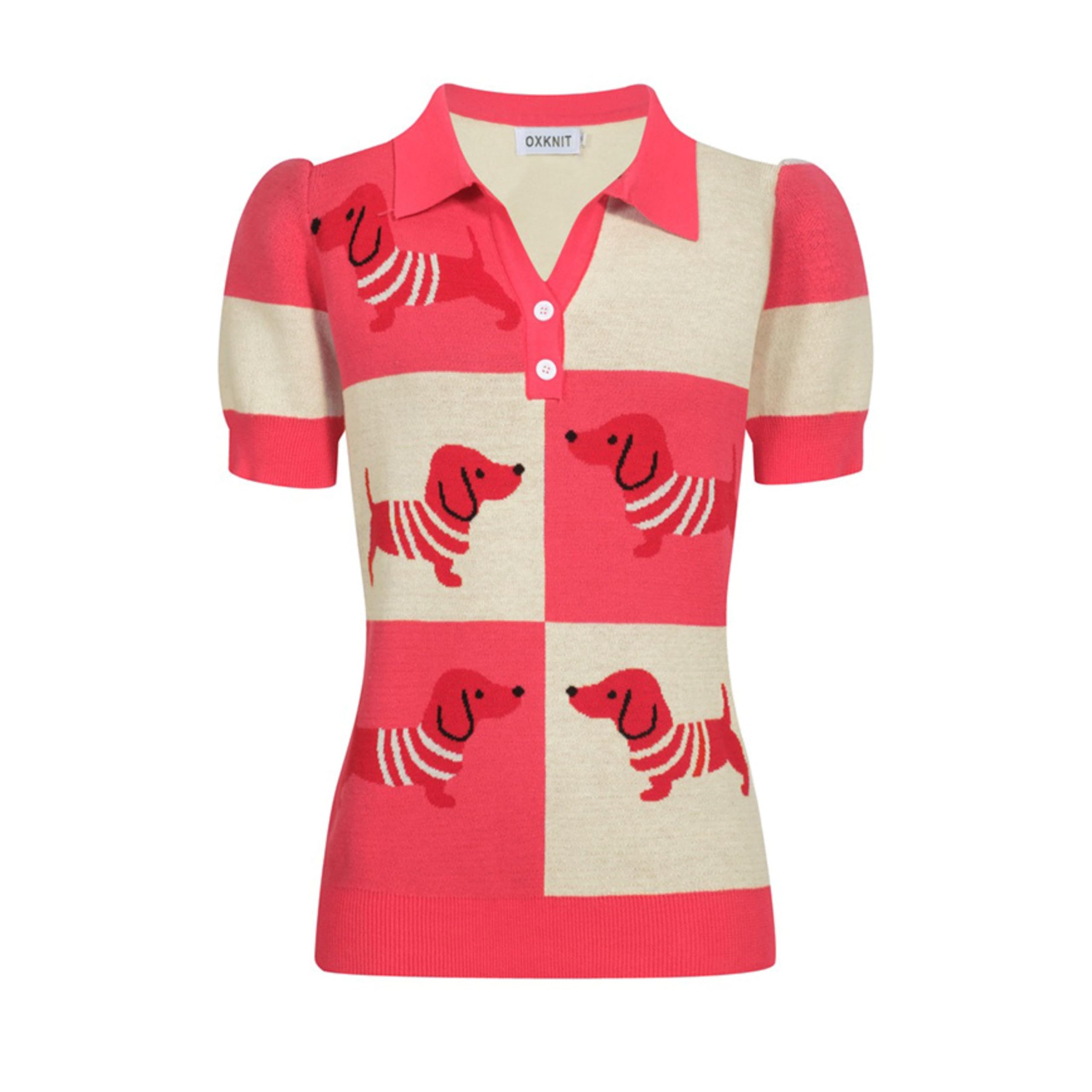 OXKNIT Damen Poloshirt Kurzarm Rosa mit V-Ausschnitt aus Jacquard-Strick mit Dackelmuster
