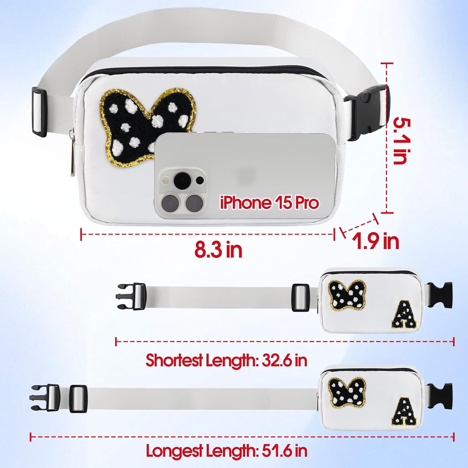 Chenille Initial Letter Bow Mouse Fanny Pack, Waterproof Park Crossbody Bag Christmas Birthday Gifts for Teen Girls Daughter Women Kids Adults, Cute Belt Bag Must Haves for Park Travel (A, White) - Image 3