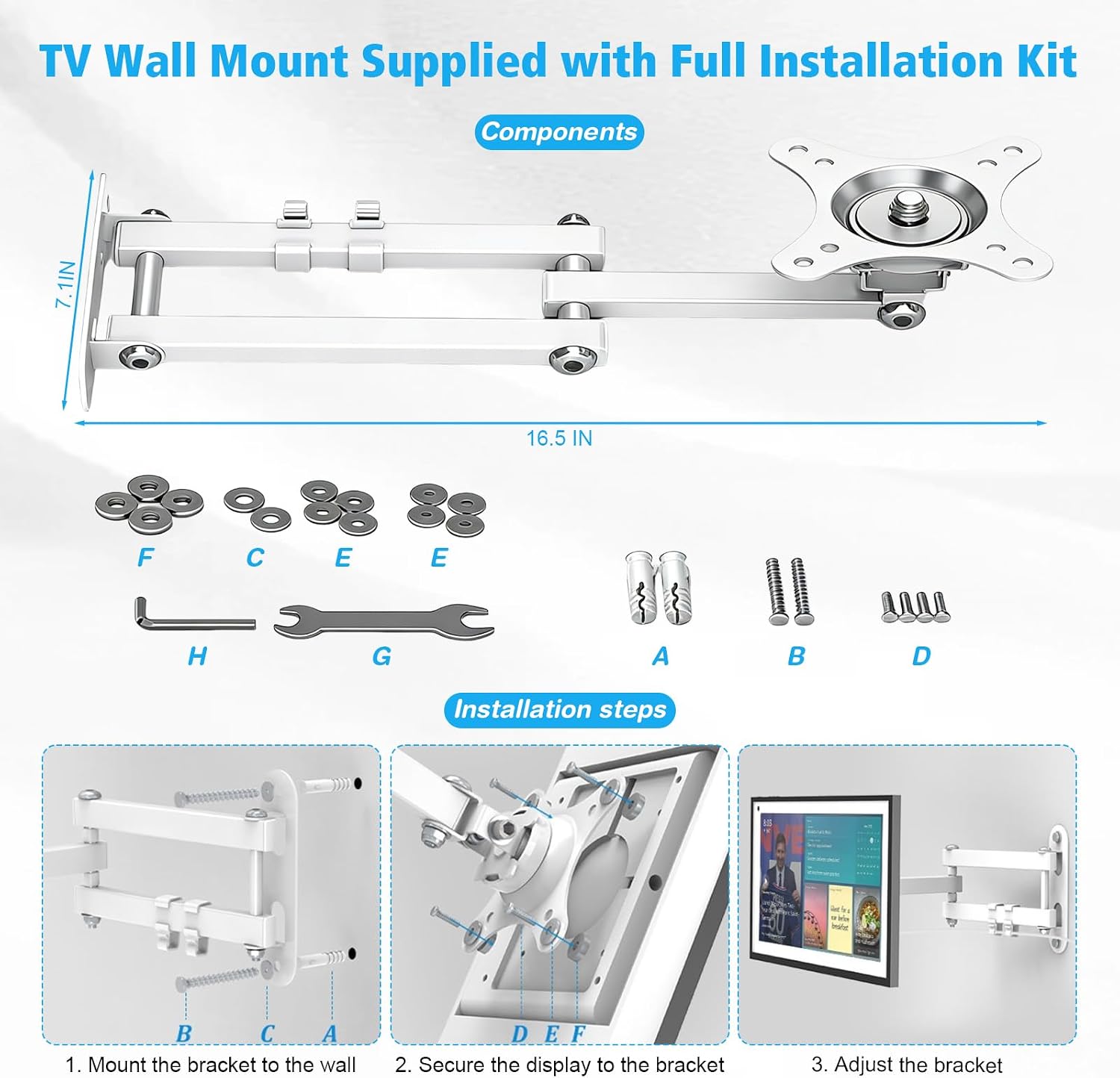 Wall Mount for Show 15, Swivelling and Tilting TV Bracket up to 15 kg, 360° Rotation, Adjustable (3.3 - 16.9 Inches), VESA 75/100 for Kitchen and Living Room, White image 4