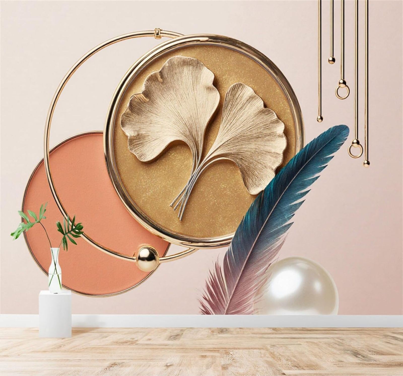 XLMING Golden Ginkgo Leaves Feathers Pearls Abstract Art 3D Wallpaper Premium Textured Silk Study Dining Living Room Bedroom Sofa TV Wall Easy Install-300cm×210cm