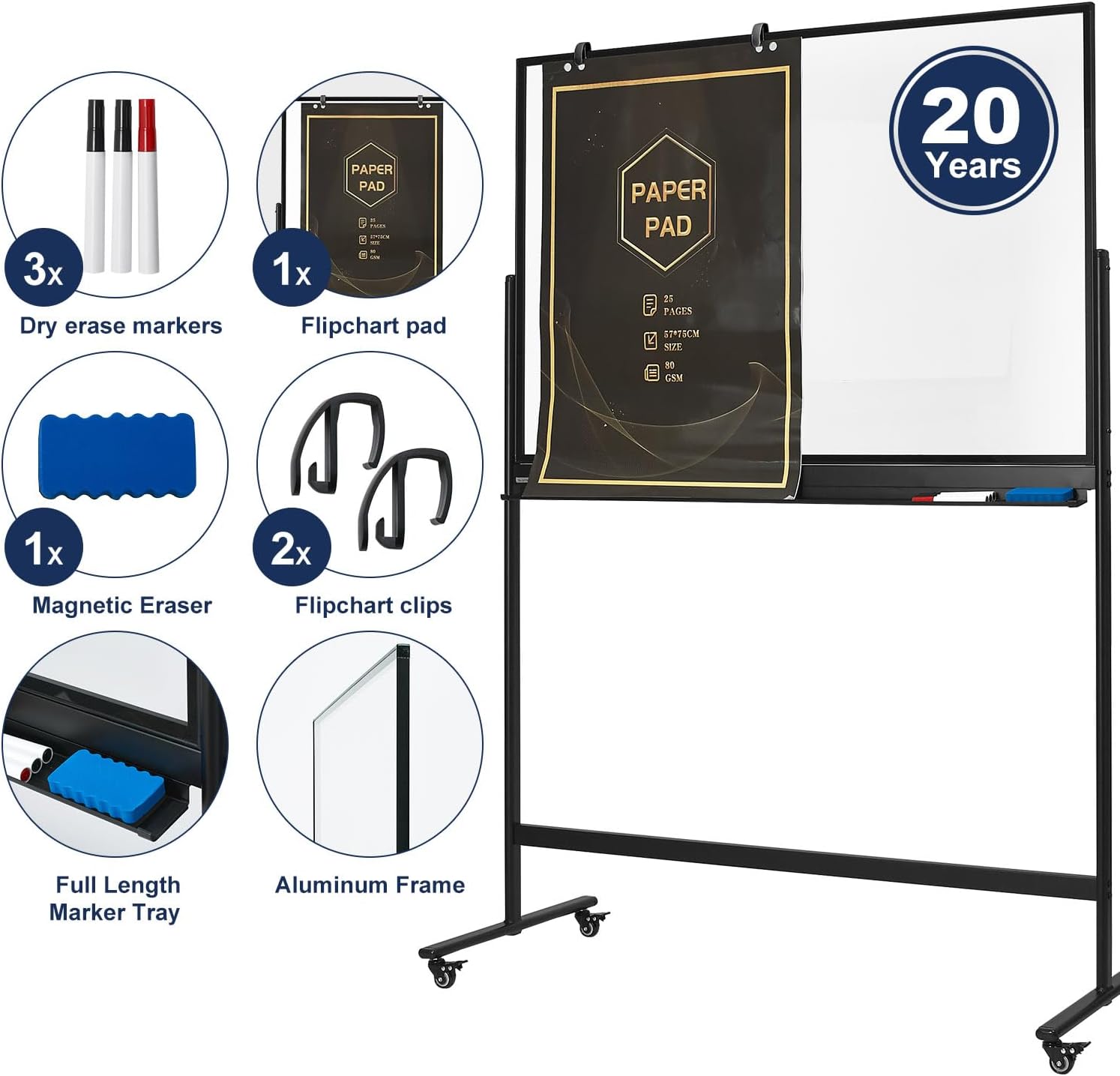 TSJ-OFFICE Rolling Clear-Glass Whiteboard on Wheels - 48" x 32" Mobile Dry Erase Board with Stand, Large Rolling White Board with 25 Sheets Paper Pad, Transparent Tempered Glass Board for Home Office