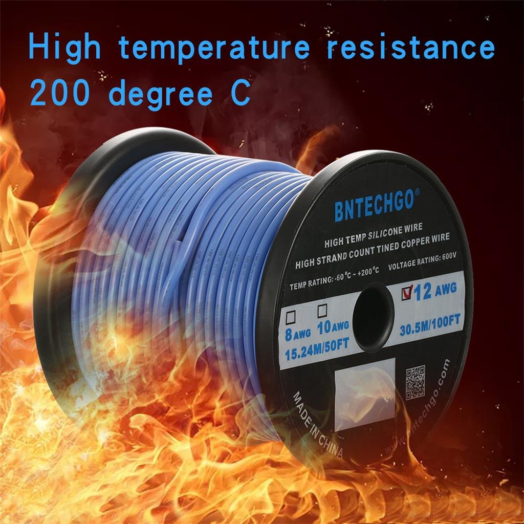 Bntechgo Calibre 12 Silicone Fil 100 Pieds Bleu Bobine souple et résistant aux températures élevées haute efficacité 12 AWG Fil de silicone 680 brins de fil de cuivre étamé