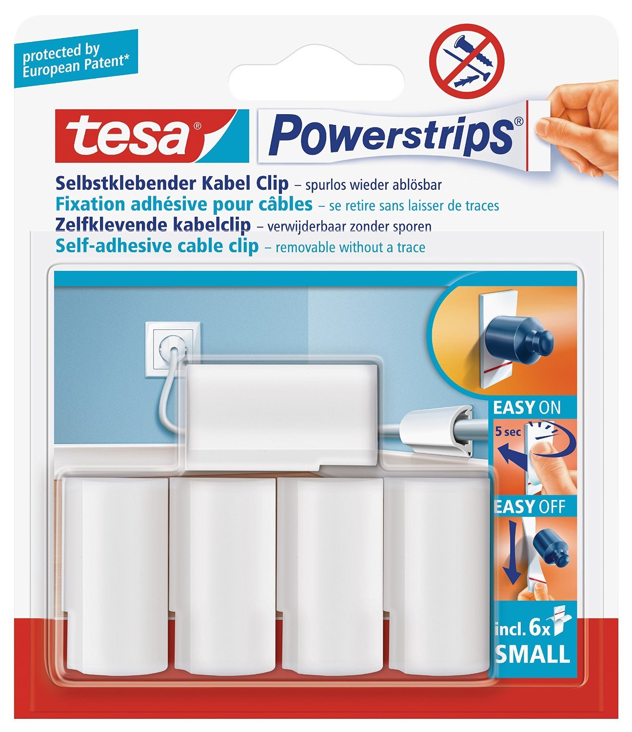 Maxipackung tesa Powerstrips® Kabel-Clip, selbstklebend, spurlos wieder ablösbar, weiß (1 Maxipack | 50 Clips, Kabelclips)